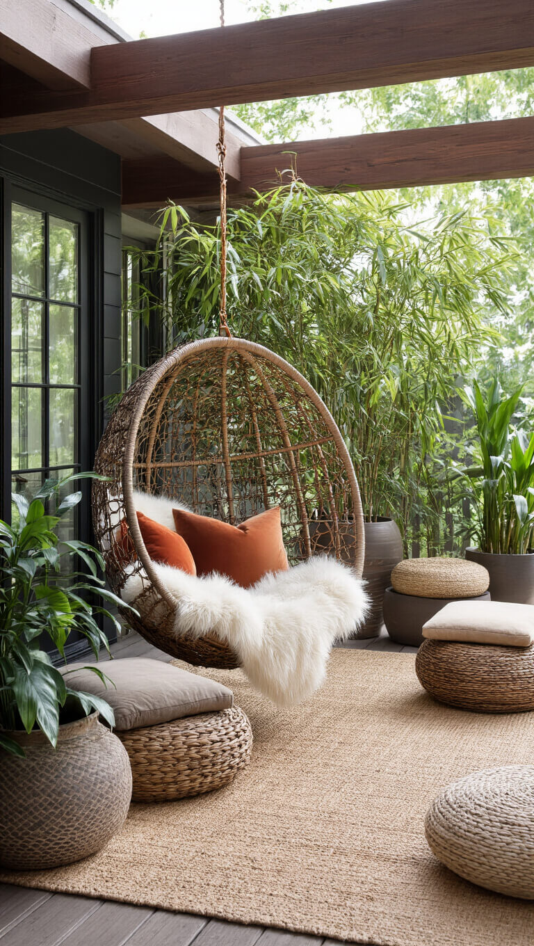 Modern 20x30ft deck with hanging egg chair, rattan seating, layered rugs, and lush planters in late afternoon light.