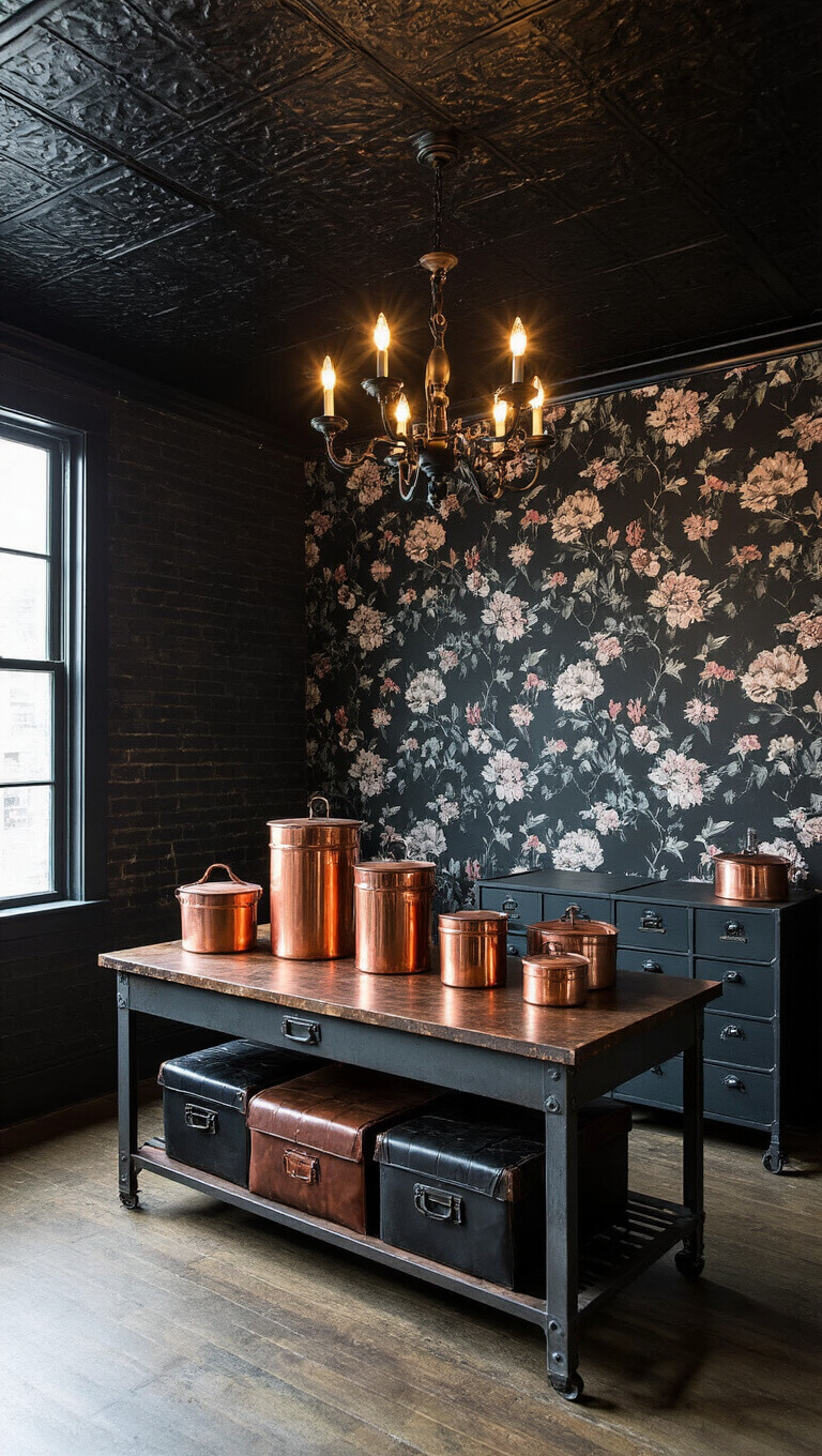 Moody nighttime workspace with black tin ceiling, dark floral wallpaper, vintage industrial table with copper vessels, and dramatic uplighting highlighting textures.