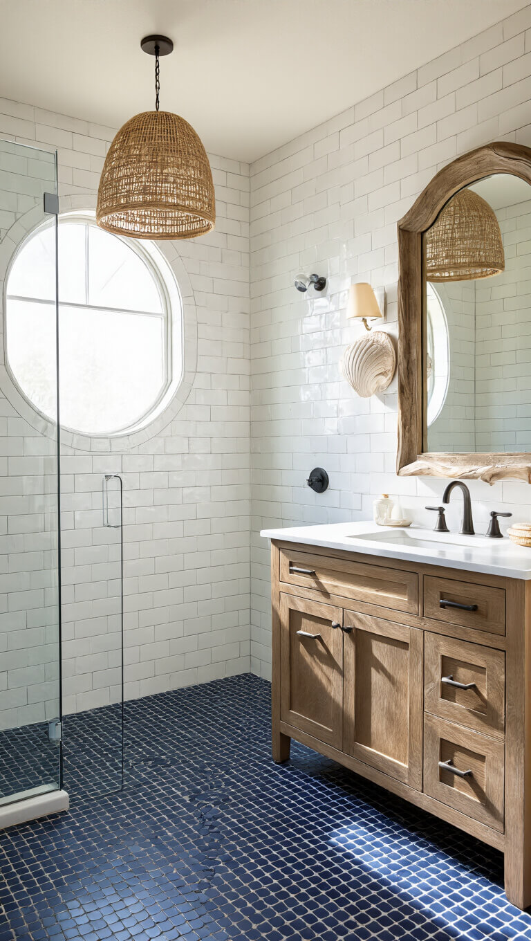 Modern coastal bathroom with arched window, pearl-white subway tiles, navy penny tile floor, frameless glass shower, driftwood mirror, shell sconces, and woven pendant light in warm late afternoon glow.