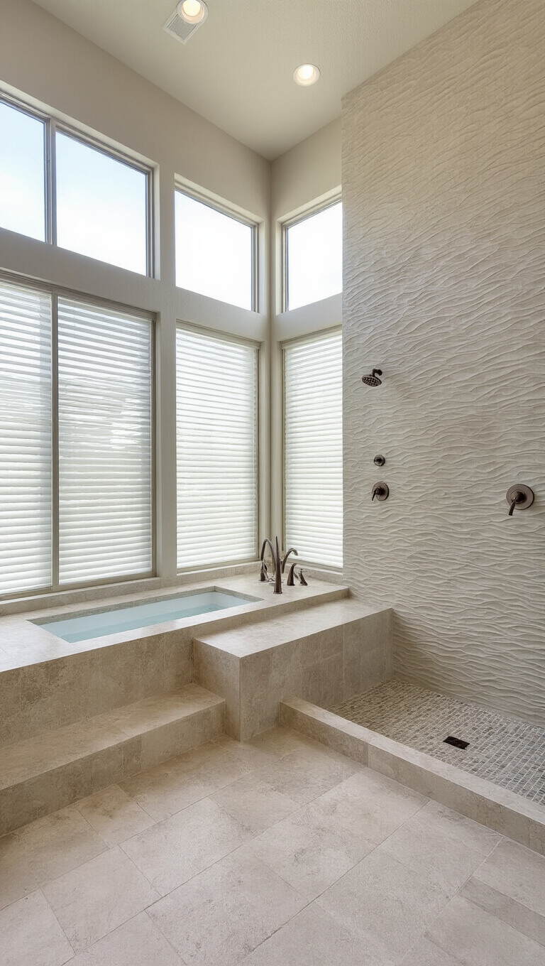 Spa-inspired 13x16ft master bath with floor-to-ceiling windows, dappled light on limestone-look tiles, oversized shower with champagne bronze fixtures, textured sand-patterned accent wall, and serene Zen-like ambiance.