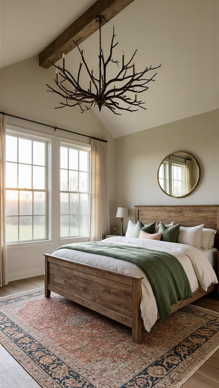 Master bedroom at dawn with vaulted ceiling, reclaimed wood bed in layered green, ivory, and blush linens, branch chandelier, large windows with gauzy curtains, vintage Persian rug, and antique brass mirror reflecting soft morning light.