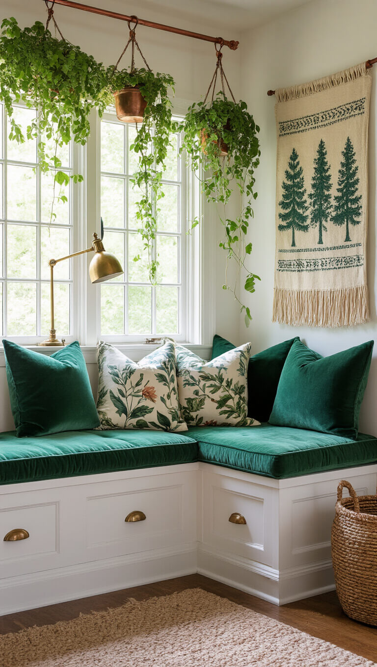 Cozy sunlit bedroom corner with emerald velvet window seat, botanical pillows, hanging plants, brass reading lamp, and forest-themed wall tapestry.