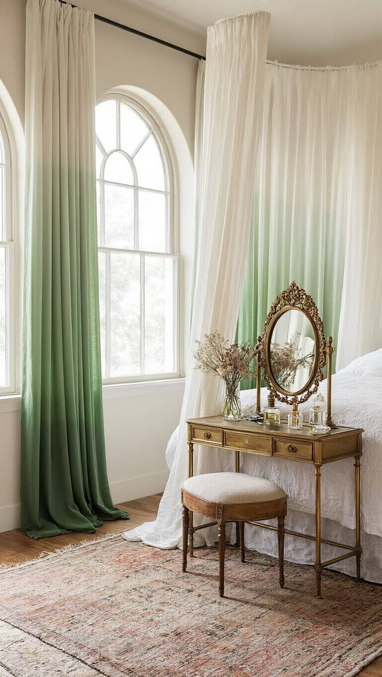 Bedroom with morning light, showing canopy bed with green-to-ivory ombré curtains, vintage brass vanity with crystal bottles and dried flowers, and Moroccan rug in earth tones.