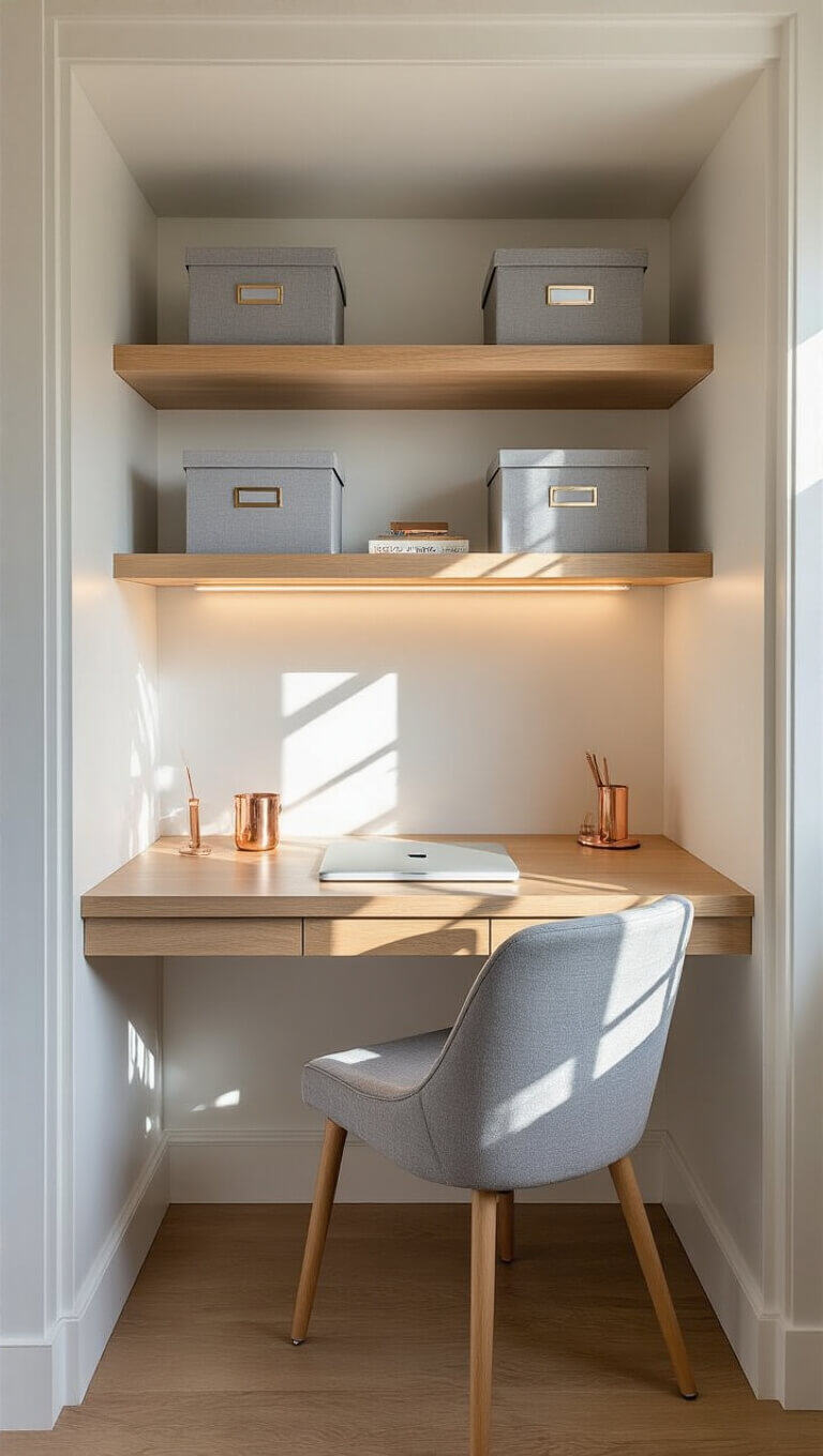 Converted closet office nook with fold-down oak desk, white built-in shelves, grey storage boxes, ghost chair, and copper accessories in afternoon light.
