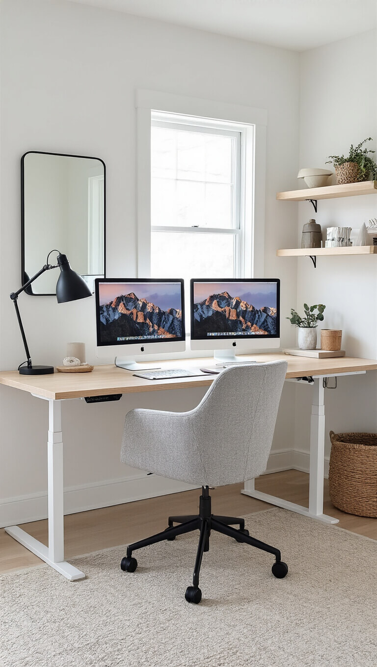Scandinavian-style workspace with white oak height-adjustable desk, light grey ergonomic chair, dual monitors, and floating shelves in a bright, neutral-toned room with natural light and mirrors.