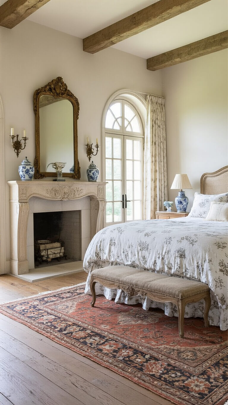 French country bedroom with toile bedding, limestone fireplace, antique mirror, and morning light through curved windows.