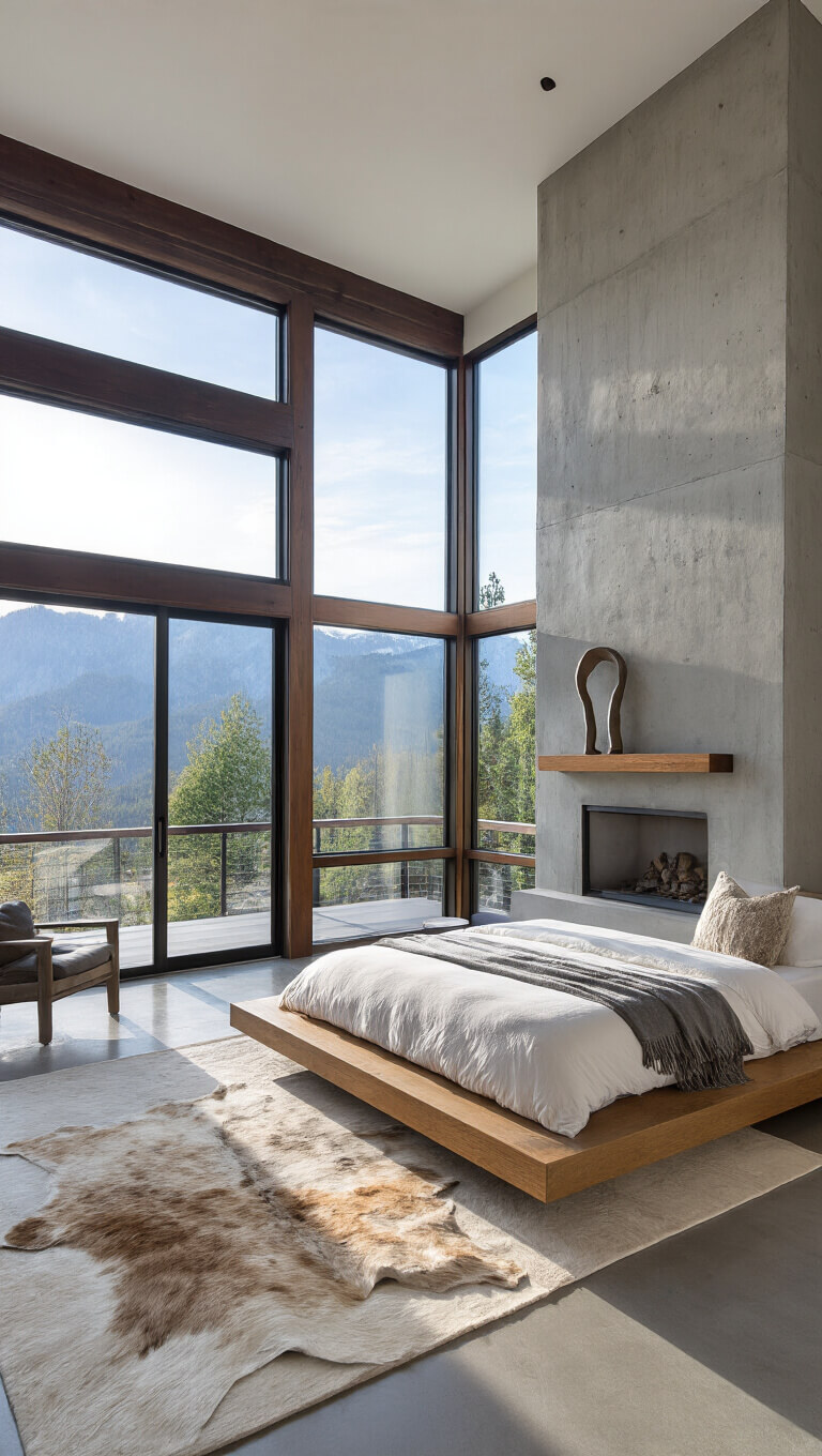 Modern mountain bedroom with panoramic sunrise views, concrete and steel fireplace, platform oak bed, polished concrete floors, and minimalist decor.