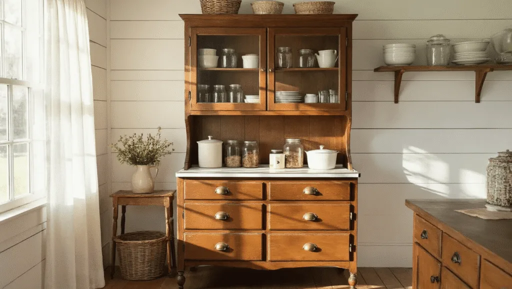 "Antique oak Hoosier cabinet with vintage jars in a sunlit rustic farmhouse kitchen with white shiplap walls and linen curtains"