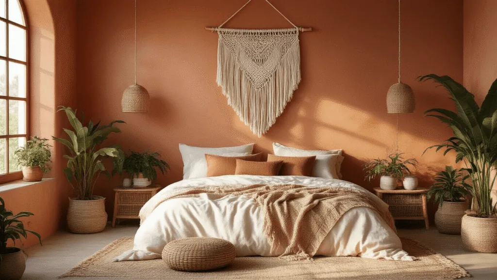 "Boho bedroom with terracotta wall, macramé wall hanging, textured linens, earth-tone pillows, potted plants, and golden hour lighting"