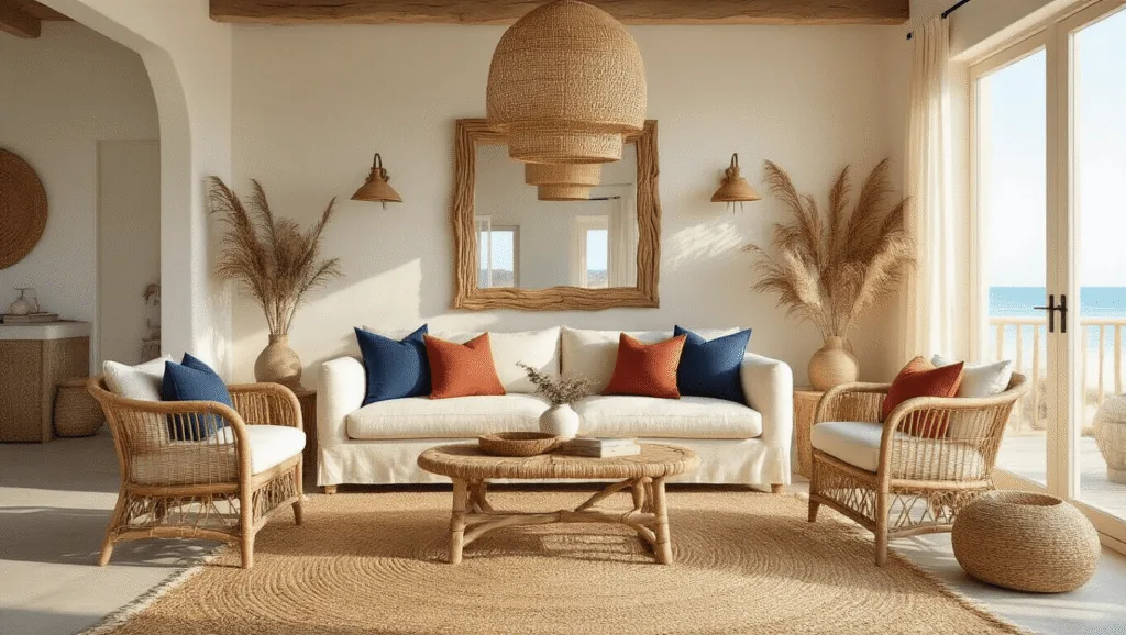 "Sunlit bohemian beach living room with rattan furniture, cream sofa with indigo pillows, jute rug and driftwood accents."