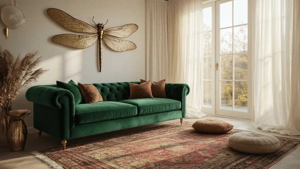 "Bohemian living room with emerald velvet sofa, brass dragonfly wall sculpture, sheer curtains, layered vintage rugs, and sunlit natural light."