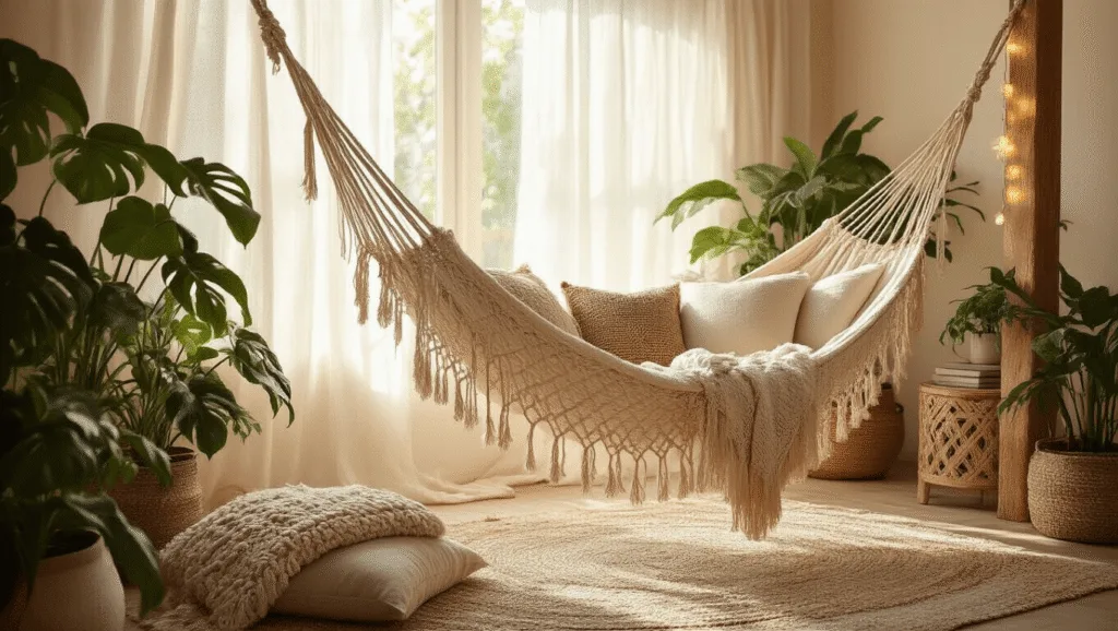 "Boho bedroom with sunlit macrame hammock, textured pillows, monstera plants, Moroccan side table and soft shadows."