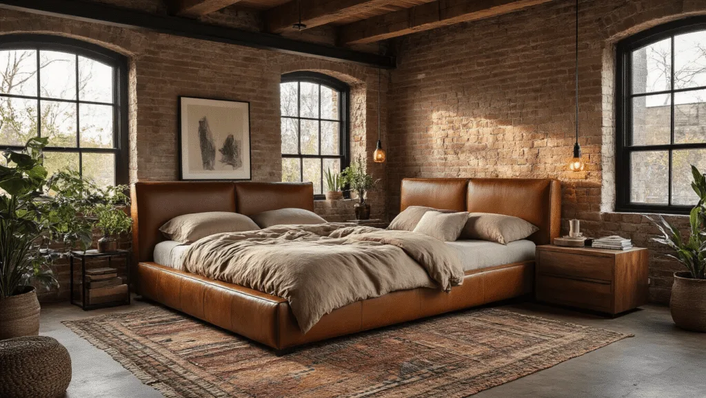 "Boho-inspired men's bedroom with cognac leather bed, neutral linen bedding, vintage rugs, exposed brick walls, wooden beams, floor-to-ceiling windows, and minimalist decor captured during golden hour"