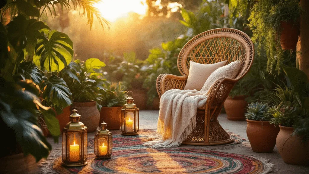 "Bohemian patio at sunset with vintage rattan peacock chair, colorful kilim rugs, brass lanterns, and assorted plants bathed in warm golden light"