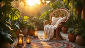 "Bohemian patio at sunset with vintage rattan peacock chair, colorful kilim rugs, brass lanterns, and assorted plants bathed in warm golden light"