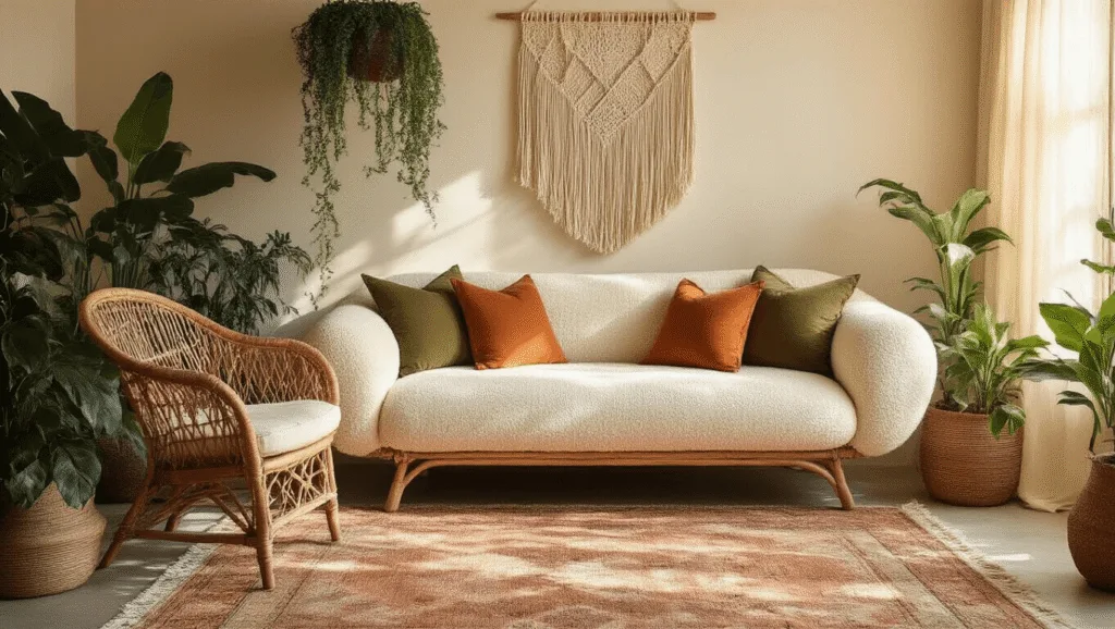 "Boho style living room with cream sofa, rattan chair, macramé wall hanging, terracotta and olive pillows, plants, and golden hour light."