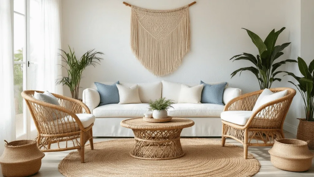 "Coastal boho living room with rattan chairs, linen sofa, woven baskets, macrame wall hanging, bleached wood, jute rug, and diffused natural light against white walls"