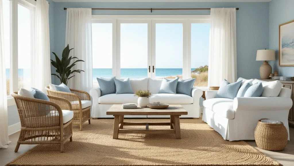"Coastal living room with white linen sofa, rattan chairs, driftwood coffee table, blue walls, jute rug, and beachy decor bathed in natural sunlight"