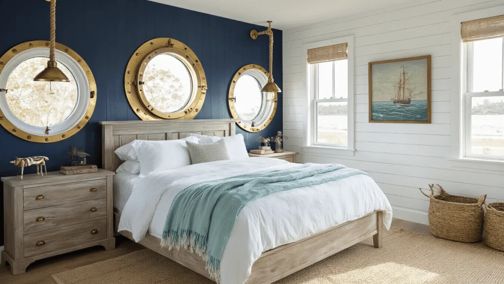 "Nautical-themed master suite with navy blue accent wall, white shiplap, weathered wood bed, porthole windows, and rope lighting fixtures capturing golden hour light"