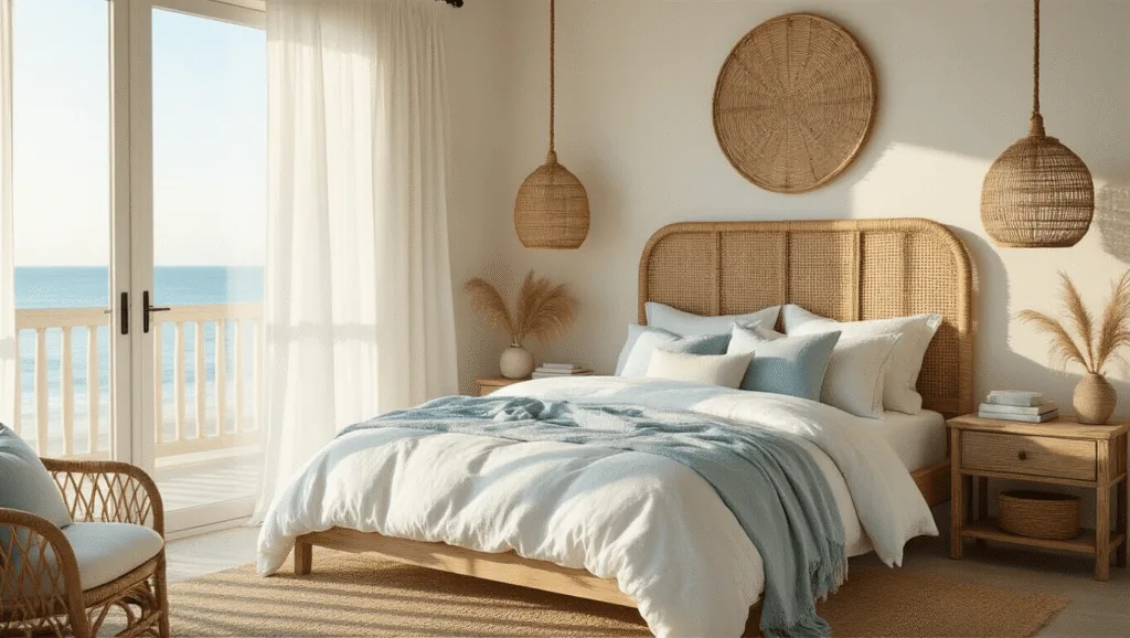 "Serene coastal bedroom with rattan headboard, linen bedding in seafoam and white, and natural light filtering through sheer curtains"