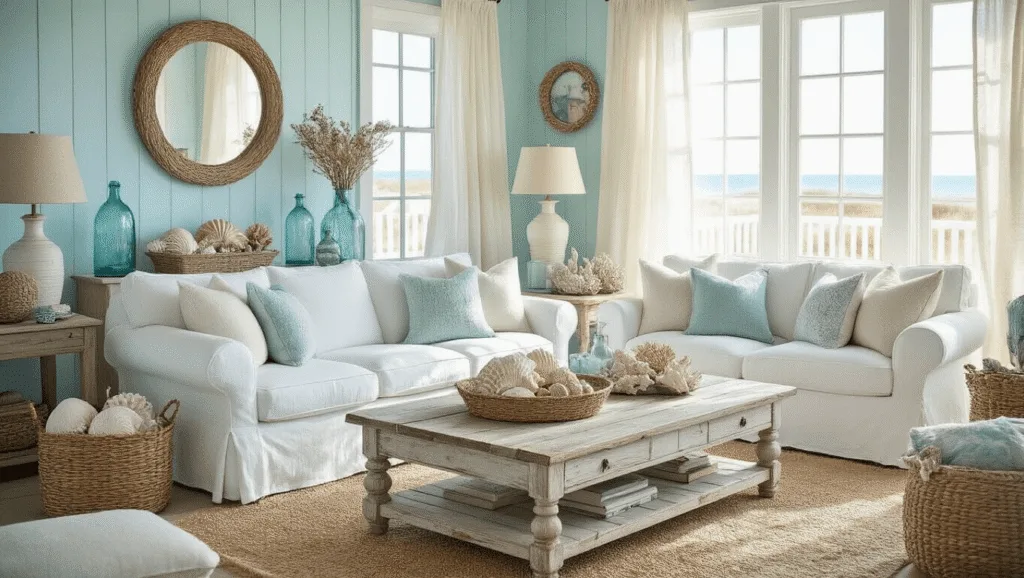"Coastal living room with white slipcovered sofa, distressed coffee table, seashell decor, soft blue accents, and natural light creating a beachy atmosphere."