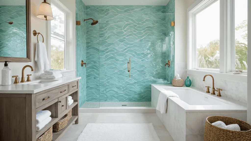 "Luxurious coastal bathroom with walk-in shower, aqua wave tiles, white marble counters, and brushed brass fixtures, bathed in natural light"