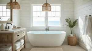 "Coastal bathroom interior with freestanding tub, rattan pendant light, sea glass accents, and natural light"