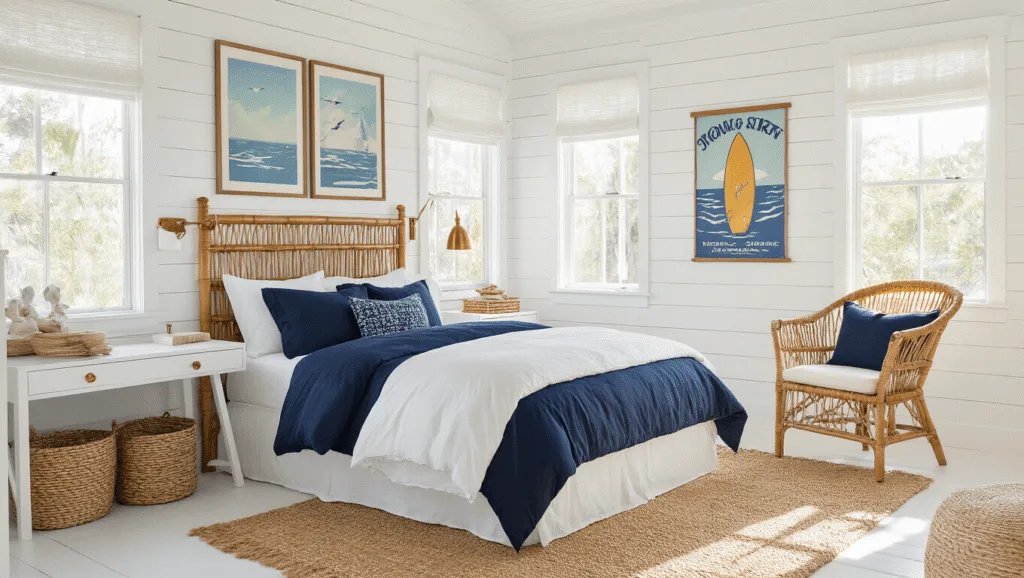 "Teen bedroom with coastal prep style featuring white shiplap walls, bamboo headboard with navy and white bedding, rattan chair, vintage surf posters, brass accents, and natural light."