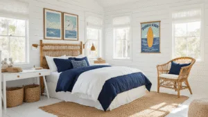 "Teen bedroom with coastal prep style featuring white shiplap walls, bamboo headboard with navy and white bedding, rattan chair, vintage surf posters, brass accents, and natural light."