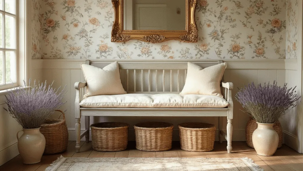 "Cottagecore entryway with vintage wooden bench, floral wallpaper, ornate mirror, dried flowers in vases, woven baskets, and pastel runner rug in soft morning light"