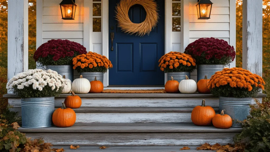 "Autumn porch adorned with pumpkins, chrysanthemums in planters, copper lanterns, and a wheat wreath hanging on a navy blue door."