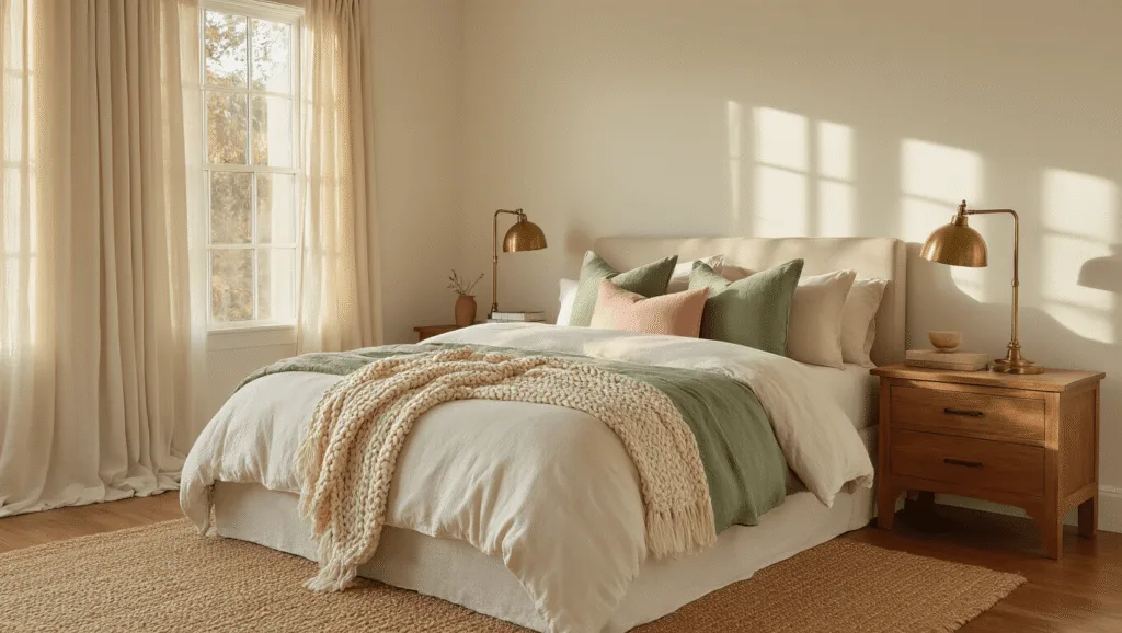 "Cozy queen bedroom with cream linens, sage green accents, blush throw pillows, vintage brass table lamps, oak nightstands, and a jute rug on hardwood floor, bathed in warm natural light."
