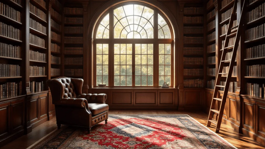 "Traditional home library with mahogany bookshelves, leather armchair, Persian rug, arched windows with afternoon light and brass library ladder"