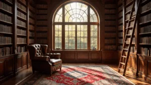 "Traditional home library with mahogany bookshelves, leather armchair, Persian rug, arched windows with afternoon light and brass library ladder"