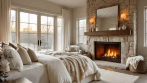 "Cozy master bedroom with stone fireplace, warm lighting, plush bedding and textured accents"