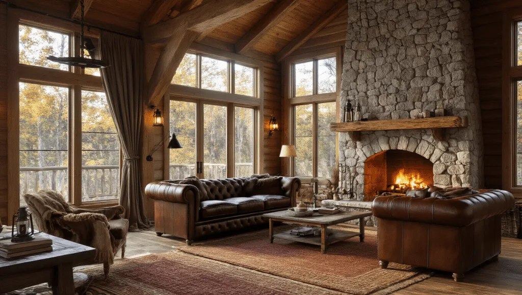 "Rustic cabin interior with stone fireplace, leather furniture, wooden beams and warm golden lighting"