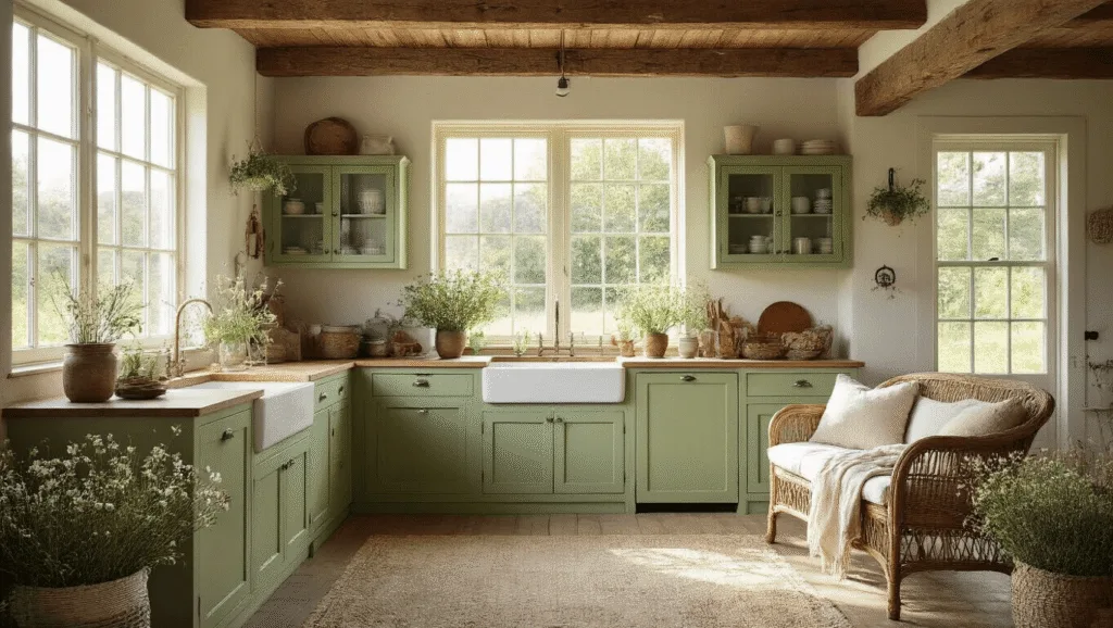 "Cottagecore styled farmhouse interior featuring sage green cabinets, vintage furniture, vibrant wildflowers with golden hour sunlight streaming through windows, rustic exposed beams, and a cozy lived-in atmosphere with cream linens."