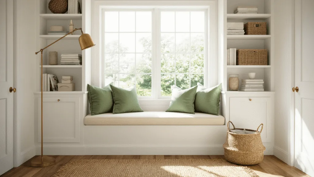 "Sunlit window seat with cream cushions, sage pillows, white bookshelves, brass lamp, jute rug and hardwood floor in a cozy home nook with soft natural light and a woven basket."