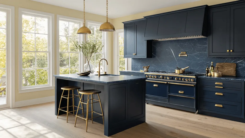"Dark navy blue kitchen cabinets with quartz island and brass hardware, illuminated by golden sunlight streaming through the windows"