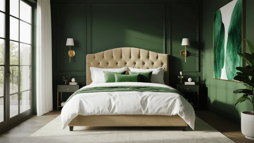"Elegant dark green bedroom with champagne velvet headboard, brass accents, and morning light streaming through large windows"