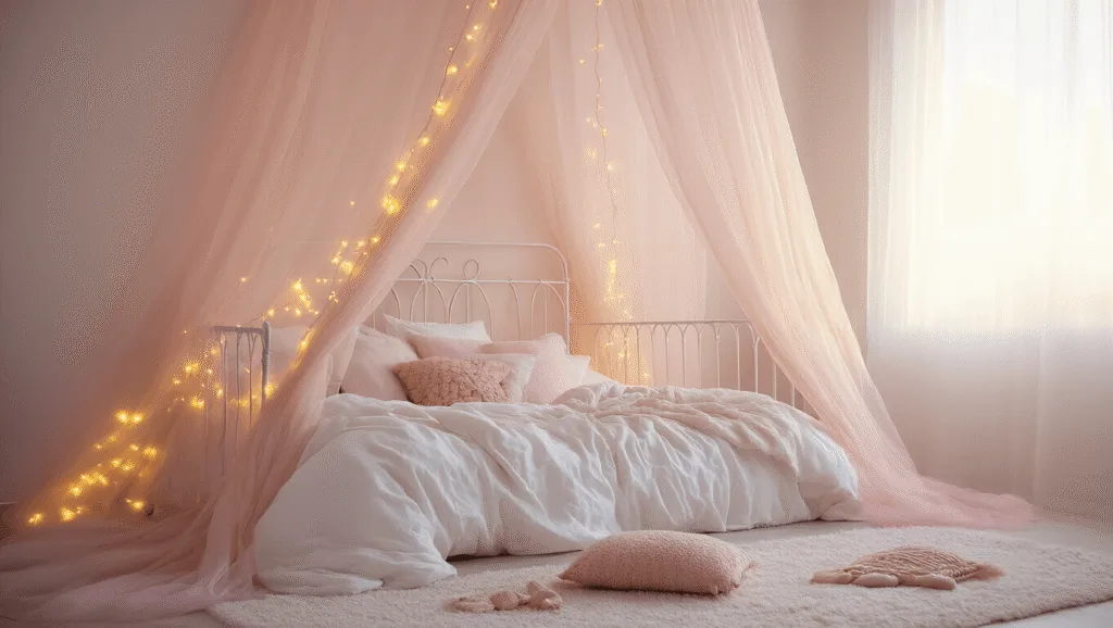 "Dreamy girl's bedroom with canopy bed, blush pink tulle and fairy lights, layered pink bedding, and soft ambient lighting for an ethereal atmosphere"