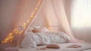 "Dreamy girl's bedroom with canopy bed, blush pink tulle and fairy lights, layered pink bedding, and soft ambient lighting for an ethereal atmosphere"