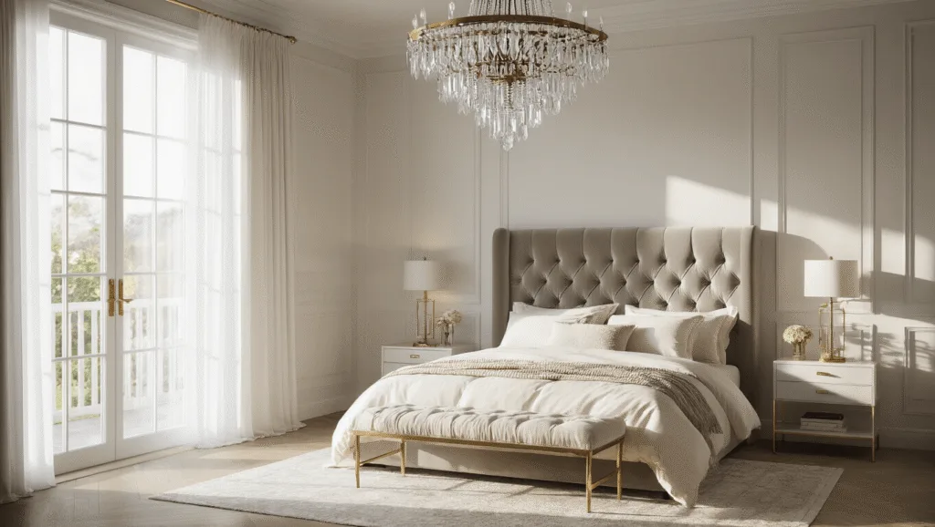 "Elegant master bedroom with grey velvet headboard, ivory silk bedding, crystal chandelier, and morning light filtering through sheer drapes."