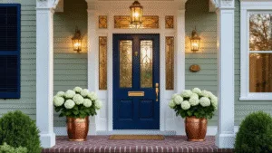 "Elegant Victorian navy door with brass hardware, leaded glass sidelights, surrounded by white limestone and sage green siding at golden hour, lined with blooming white hydrangeas in copper planters on a herringbone brick porch"