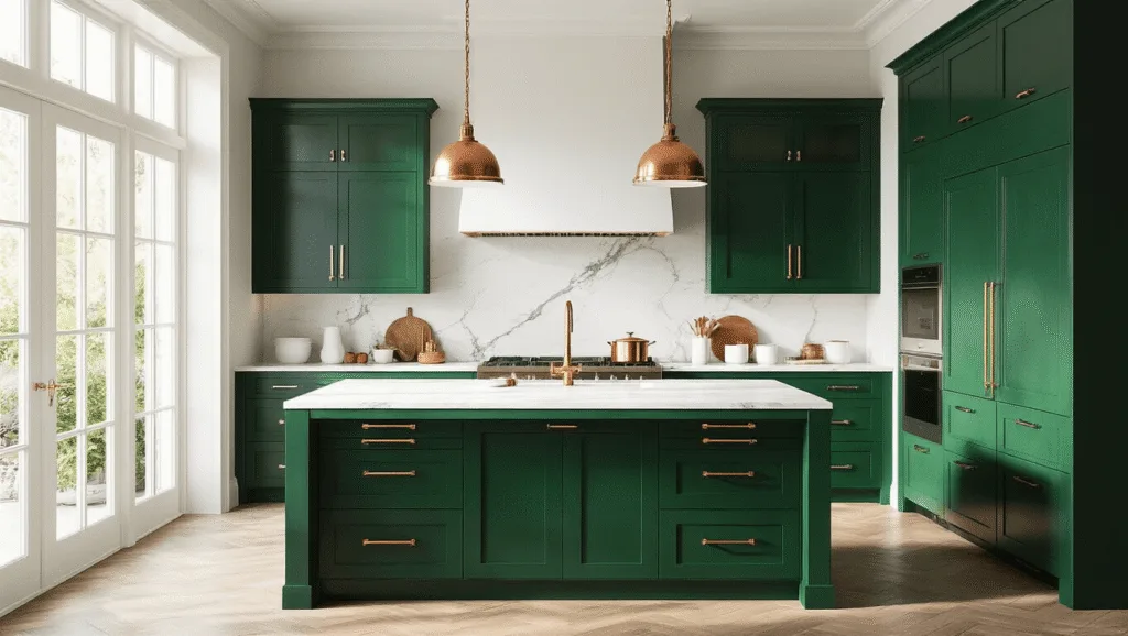 "Luxurious emerald green kitchen with white marble countertops, brass accents, and morning sunshine through tall windows"
