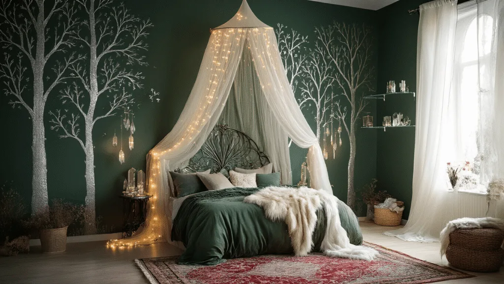 "Enchanted woodland-inspired bedroom with a forest green wall adorned with hand-painted silver trees, an iron canopy bed draped in sheer ivory organza featuring fairy lights, and a plethora of layered textures including velvet pillows, faux fur throws, and a Persian rug."