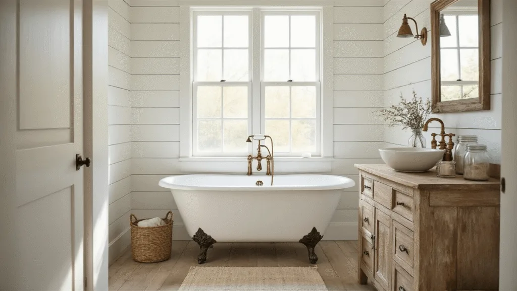 "White shiplap walled farmhouse bathroom with clawfoot tub, oak vanity, brass fixtures, vintage decor under the soft natural morning light filtering through a frosted window"