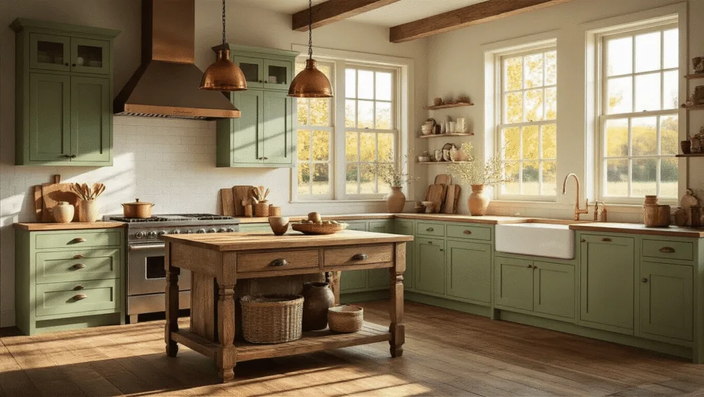 "Sage green farmhouse kitchen with weathered wood island and copper accents bathed in golden sunlight"