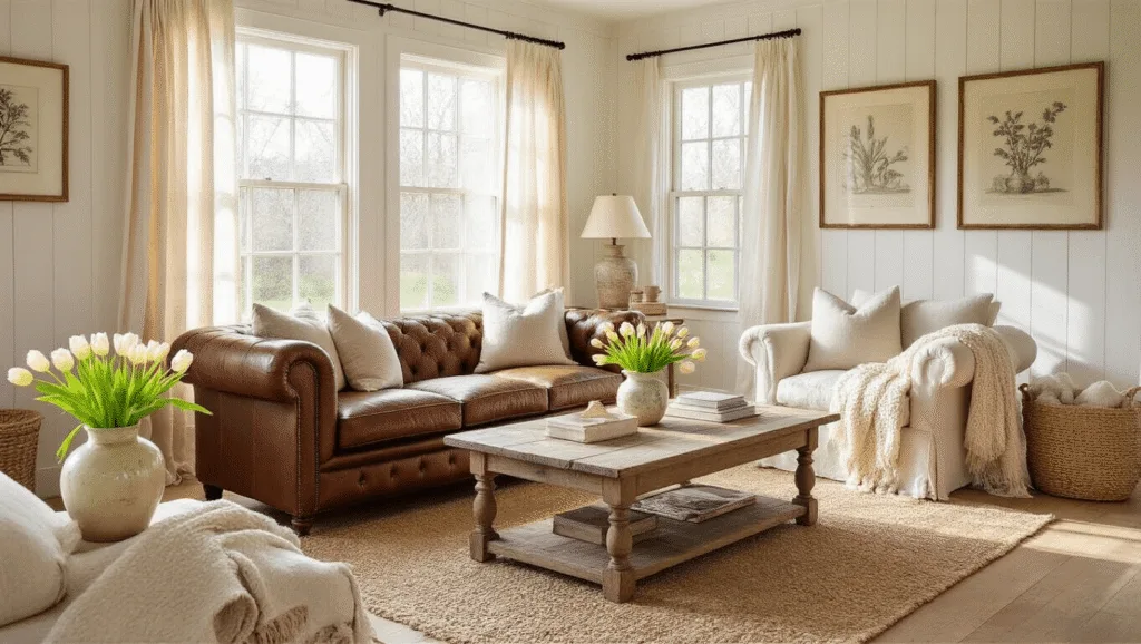 "Sunlit farmhouse living room with white oak floors, leather sofa, fresh tulips in a vase, and natural golden sunlight."