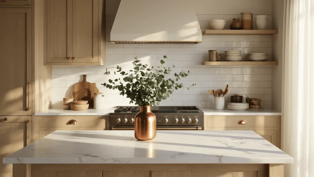 "Modern kitchen with Pale Oak cabinets, marble countertops, and brass hardware in golden hour sunlight"